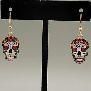 Colorful Sugar Skull Dangle Earrings, Halloween Jewelry